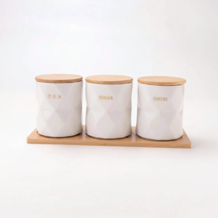 UMAI Ceramic Jars Set with Bamboo Lid and Tray | 3pcs 750ml Each | White | Kitchen Storage