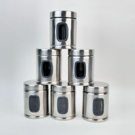 Pack of 6 Stainless Steel Kitchen Storage Jars with See-Through Panel | 1000ml Each | Airtight