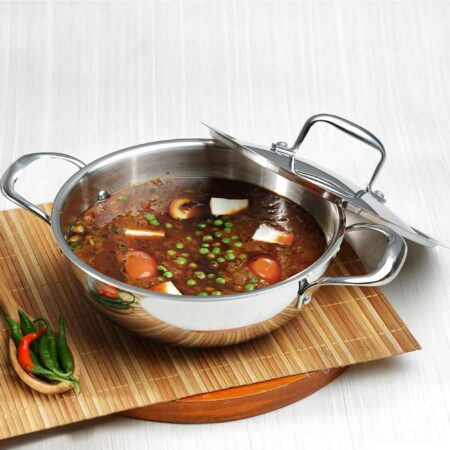 SAVYA HOME Triply Stainless Steel Kadai with Lid 22cm 2.2L Stove Induction Heat Surround
