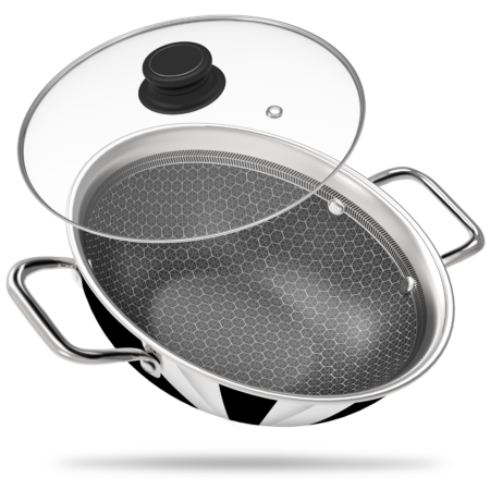 Esspy Tri-Ply Stainless Steel Kadai With Glass Lid, Stainless Steel Kadai for Cooking, Triply Kadhai | Metal Spatula Friendly | Induction & Gas Stove Compatible | Reverted Sturdy Handle | Scratch-Resistant | Honeycomb Patternc
