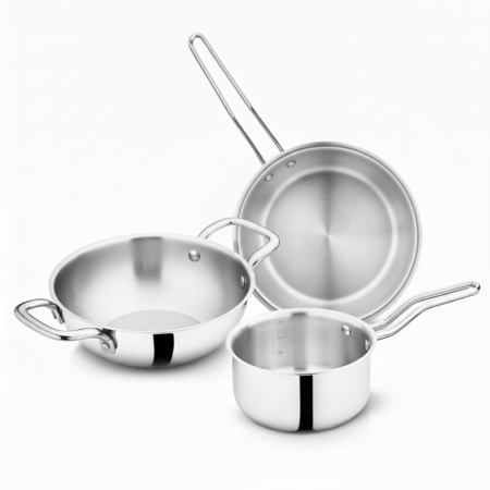 Esspy Tri-Ply Stainless Steel Cookware Set | Kadai + Frypan + Tea/Milk/Sauce pan | Premium Quality | 3 Layer Thick Body | 100% Toxin-free | Non-stick | Induction & Gas Compatible
