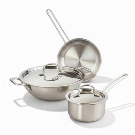 Esspy Tri-Ply Stainless Steel Cookware Set | Kadai + Frypan + Tea/Milk/Sauce pan with Lid| Premium Quality | 3 Layer Thick Body | 100% Toxin-free | Non-stick | Induction & Gas Compatible