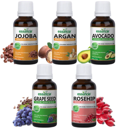 Essancia Pack of 5 Carrier Oils (Jojoba, Argan, Avocado, Grape Seed & Rosehip)